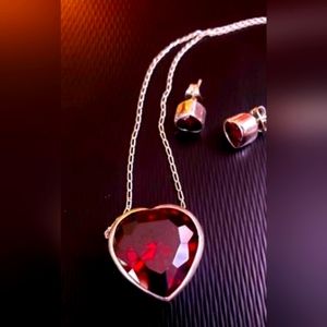 Set of Sterling Silver, Necklace & Earrings, Stone Red Heart ❤